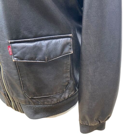 Levi Strauss Brown Faux Leather Jacket Hooded Womans Large Sherpa quilted zip - Picture 3 of 13